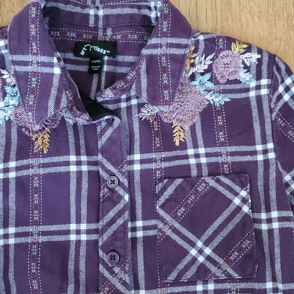 Art Class Girls Plaid Plum Flannel‎ Embroidered Long Sleeve Buttondown Shirt